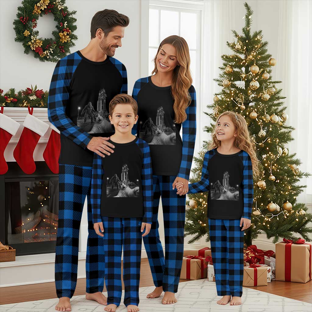 Funny Cat Selfie with Bigfoot Plaid Pajama Set Back To The Moon Mission 2026 TS14 Blue Plaid Print Your Wear