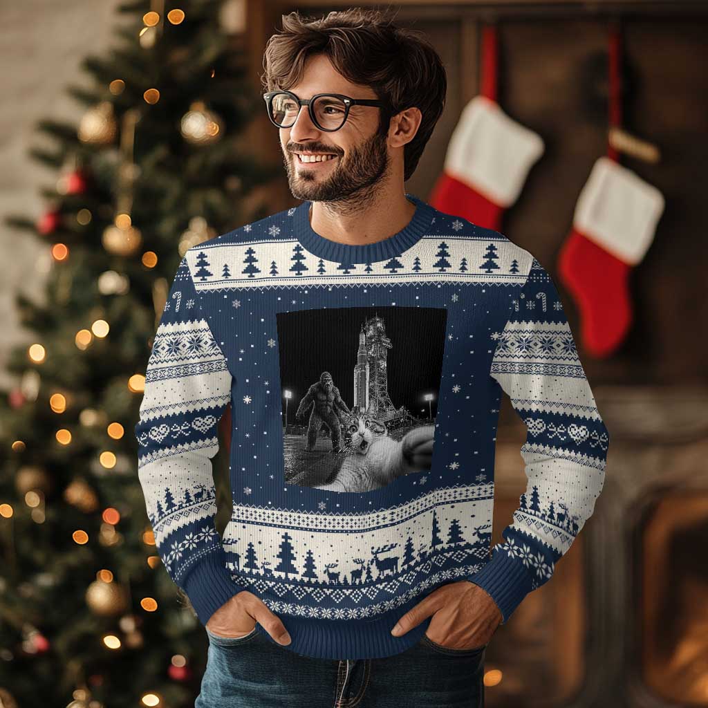 Funny Cat Selfie with Bigfoot Ugly Christmas Sweater Back To The Moon Mission 2026 TS14 Navy Beige Print Your Wear