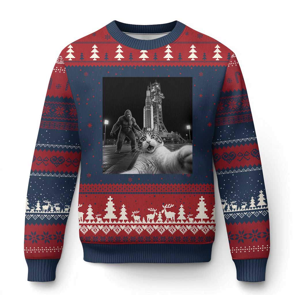 Funny Cat Selfie with Bigfoot Ugly Christmas Sweater Back To The Moon Mission 2026 TS14 Navy Red Print Your Wear