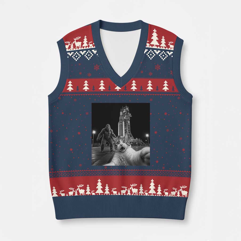 Funny Cat Selfie with Bigfoot V-Neck Knit Sweater Vest Back To The Moon Mission 2026 TS14 Navy Red Print Your Wear