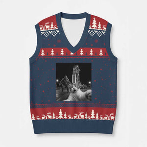 Funny Cat Selfie with Bigfoot V-Neck Knit Sweater Vest Back To The Moon Mission 2026 TS14 Navy Red Print Your Wear