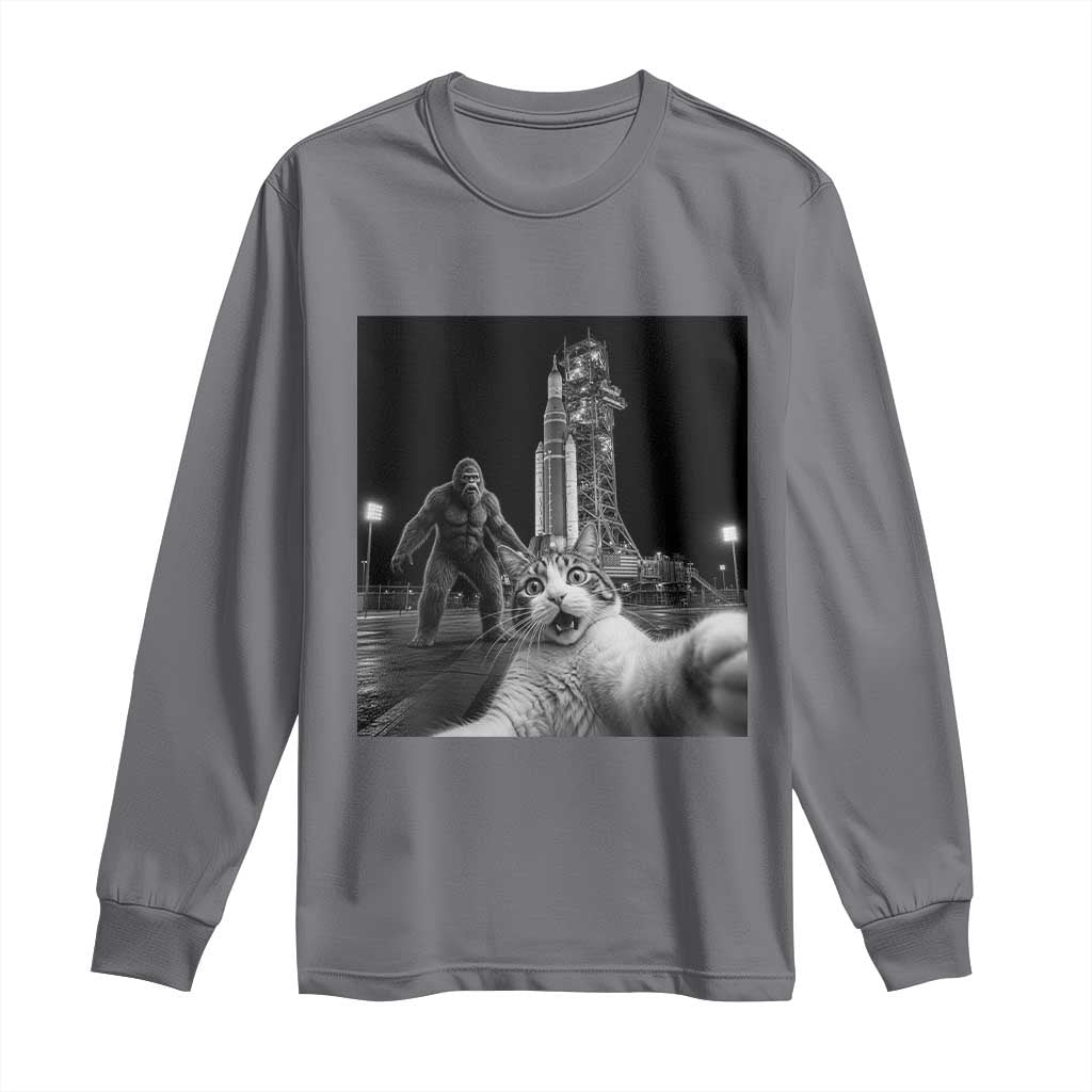 Funny Cat Selfie with Bigfoot Long Sleeve Shirt Back To The Moon Mission 2026 TS14 Charcoal Print Your Wear