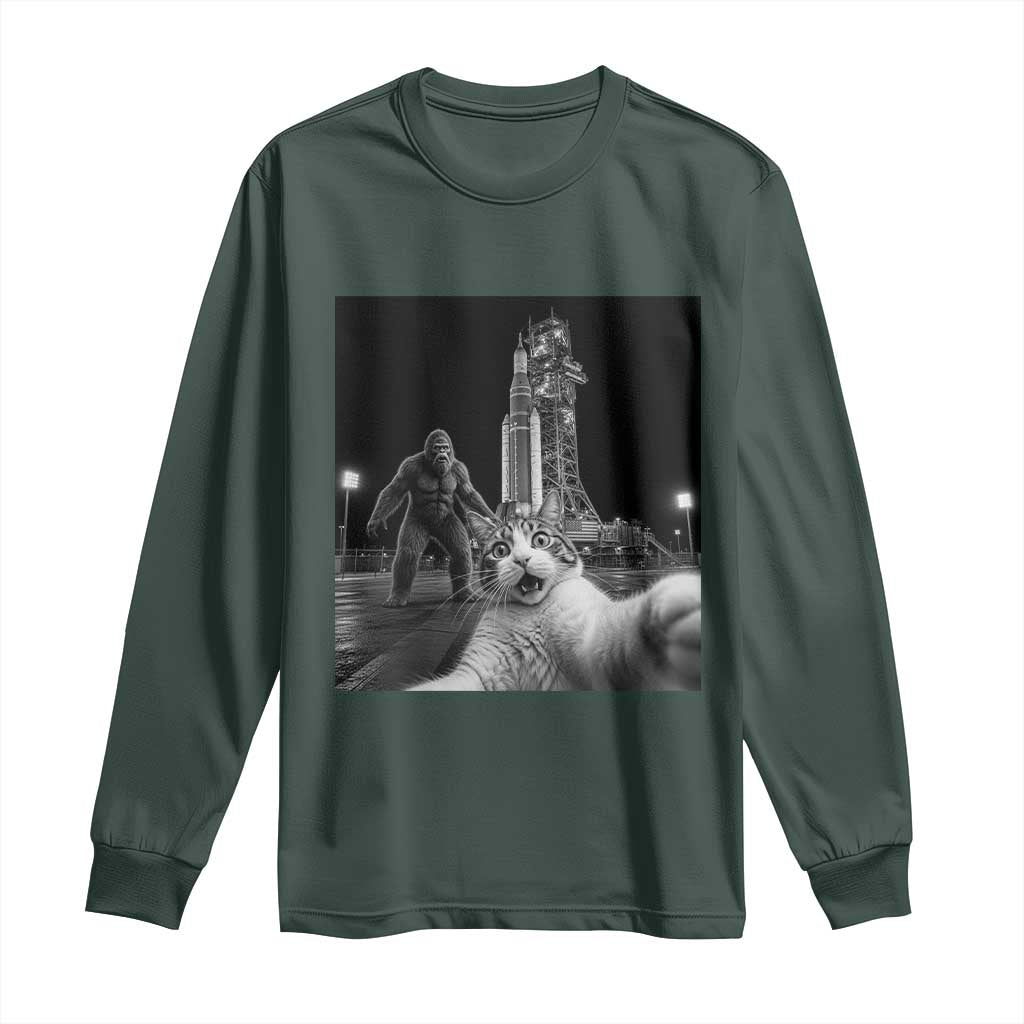 Funny Cat Selfie with Bigfoot Long Sleeve Shirt Back To The Moon Mission 2026 TS14 Dark Forest Green Print Your Wear