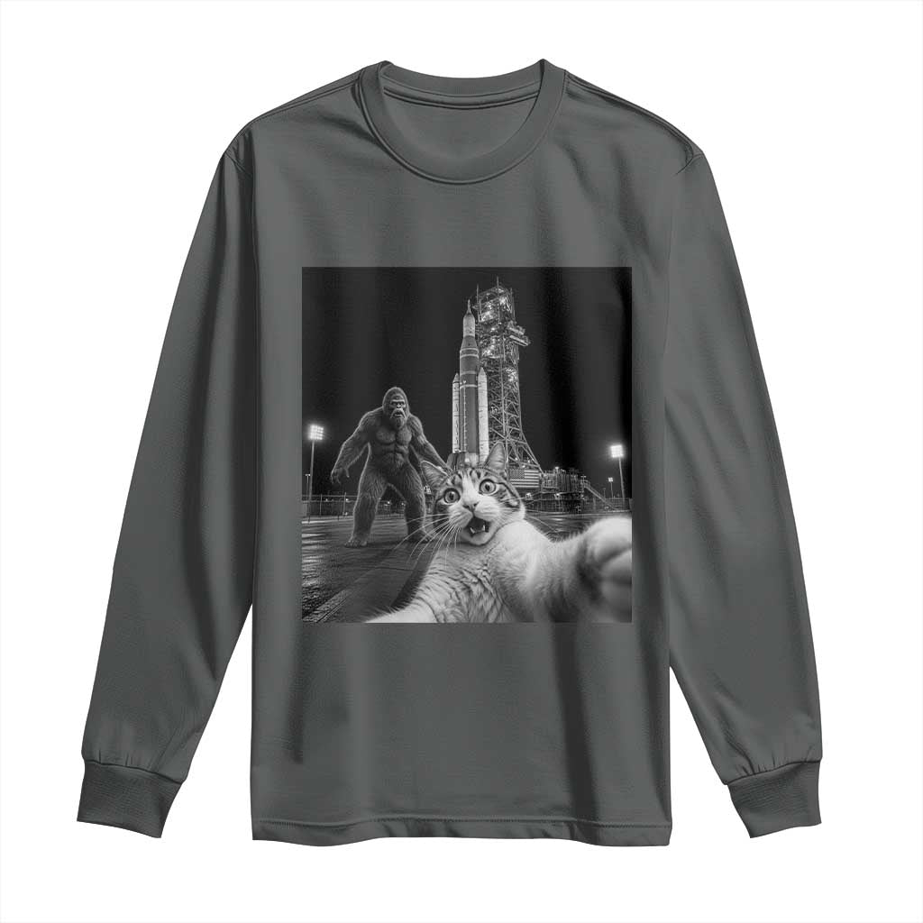Funny Cat Selfie with Bigfoot Long Sleeve Shirt Back To The Moon Mission 2026 TS14 Dark Heather Print Your Wear