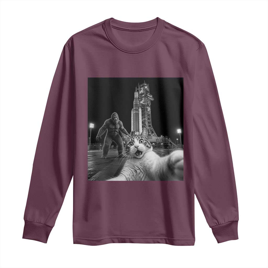 Funny Cat Selfie with Bigfoot Long Sleeve Shirt Back To The Moon Mission 2026 TS14 Maroon Print Your Wear