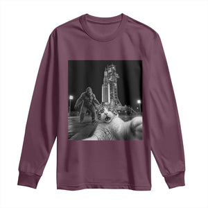 Funny Cat Selfie with Bigfoot Long Sleeve Shirt Back To The Moon Mission 2026 TS14 Maroon Print Your Wear