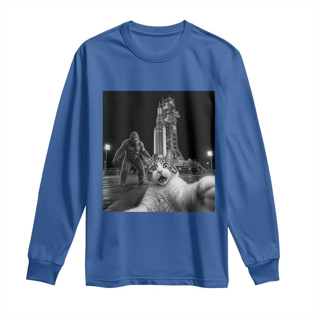 Funny Cat Selfie with Bigfoot Long Sleeve Shirt Back To The Moon Mission 2026 TS14 Royal Blue Print Your Wear