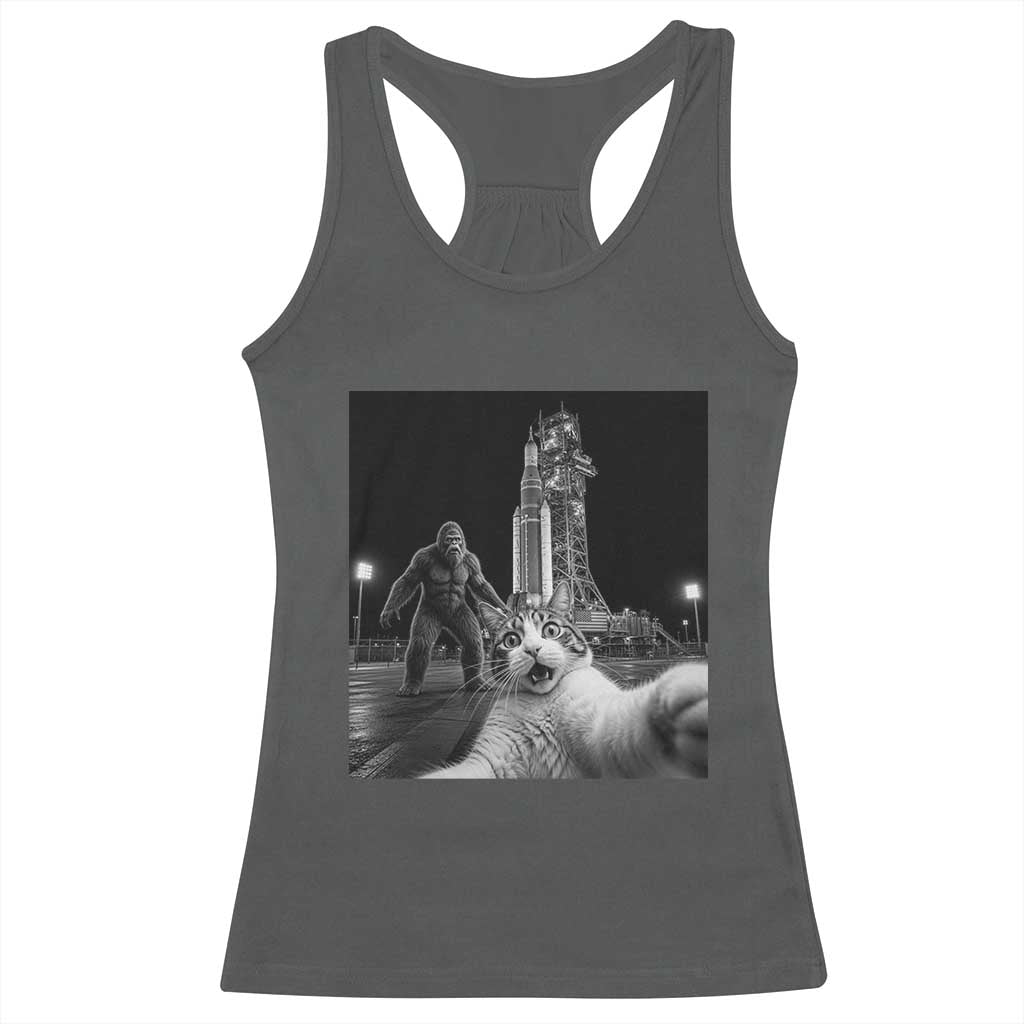 Funny Cat Selfie with Bigfoot Racerback Tank Top Back To The Moon Mission 2026 TS14 Dark Heather Print Your Wear