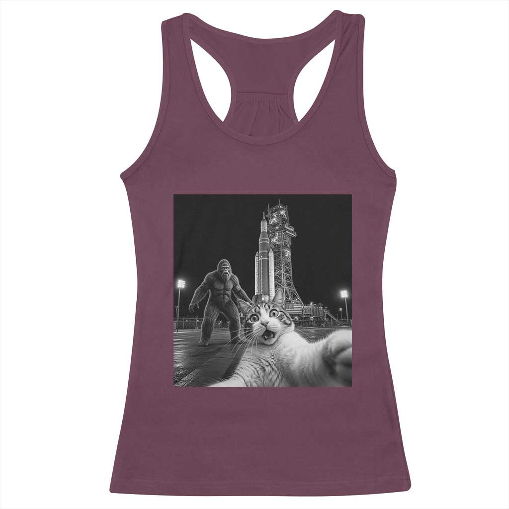 Funny Cat Selfie with Bigfoot Racerback Tank Top Back To The Moon Mission 2026 TS14 Maroon Print Your Wear