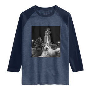 Funny Cat Selfie with Bigfoot Raglan Shirt Back To The Moon Mission 2026 TS14 Heather Denim Navy Print Your Wear