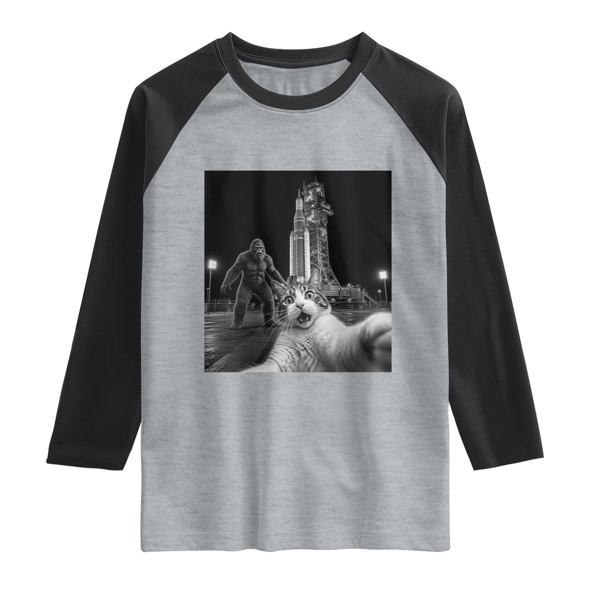 Funny Cat Selfie with Bigfoot Raglan Shirt Back To The Moon Mission 2026 TS14 Heather Gray Black Print Your Wear