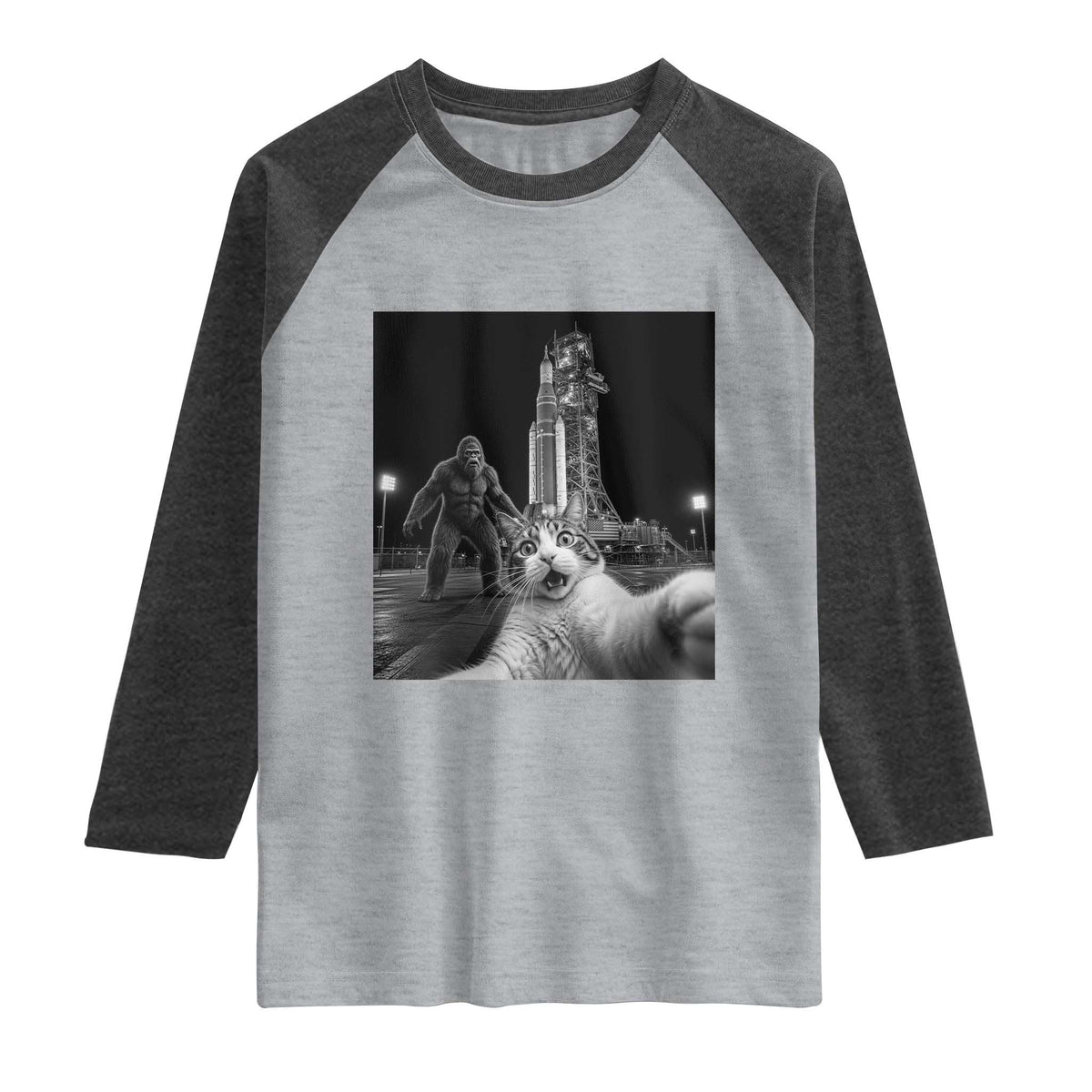 Funny Cat Selfie with Bigfoot Raglan Shirt Back To The Moon Mission 2026 TS14 Heather Gray Heather Charcoal Print Your Wear