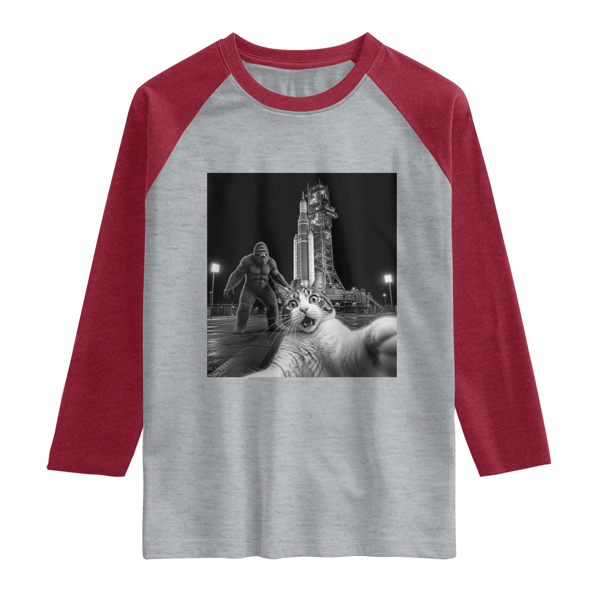 Funny Cat Selfie with Bigfoot Raglan Shirt Back To The Moon Mission 2026 TS14 Heather Gray Heather Red Print Your Wear
