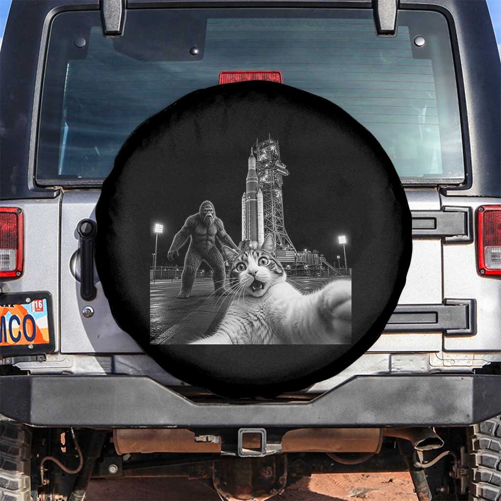 Funny Cat Selfie with Bigfoot Spare Tire Cover Back To The Moon Mission 2026 TS14 No hole Black Print Your Wear