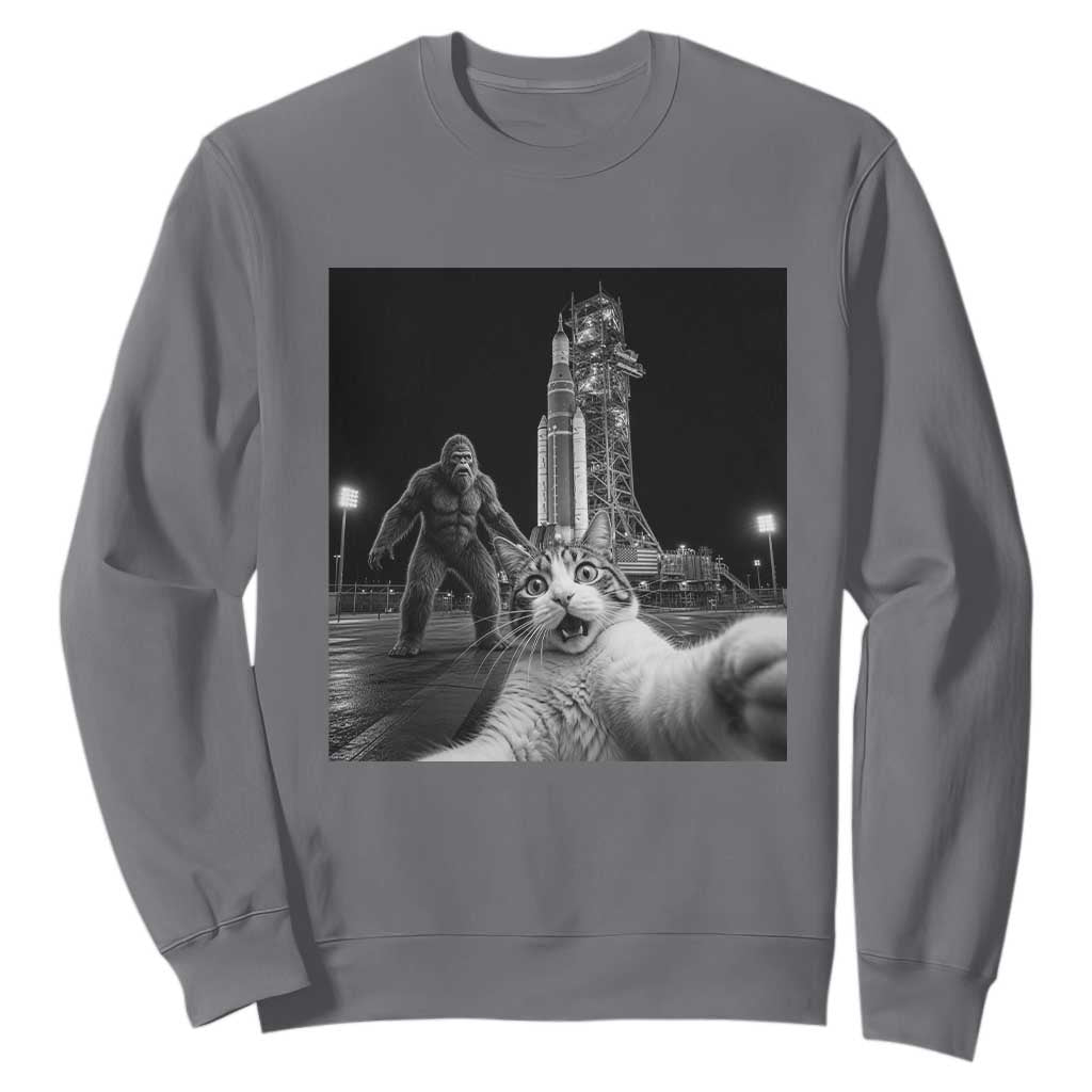Funny Cat Selfie with Bigfoot Sweatshirt Back To The Moon Mission 2026 TS14 Charcoal Print Your Wear