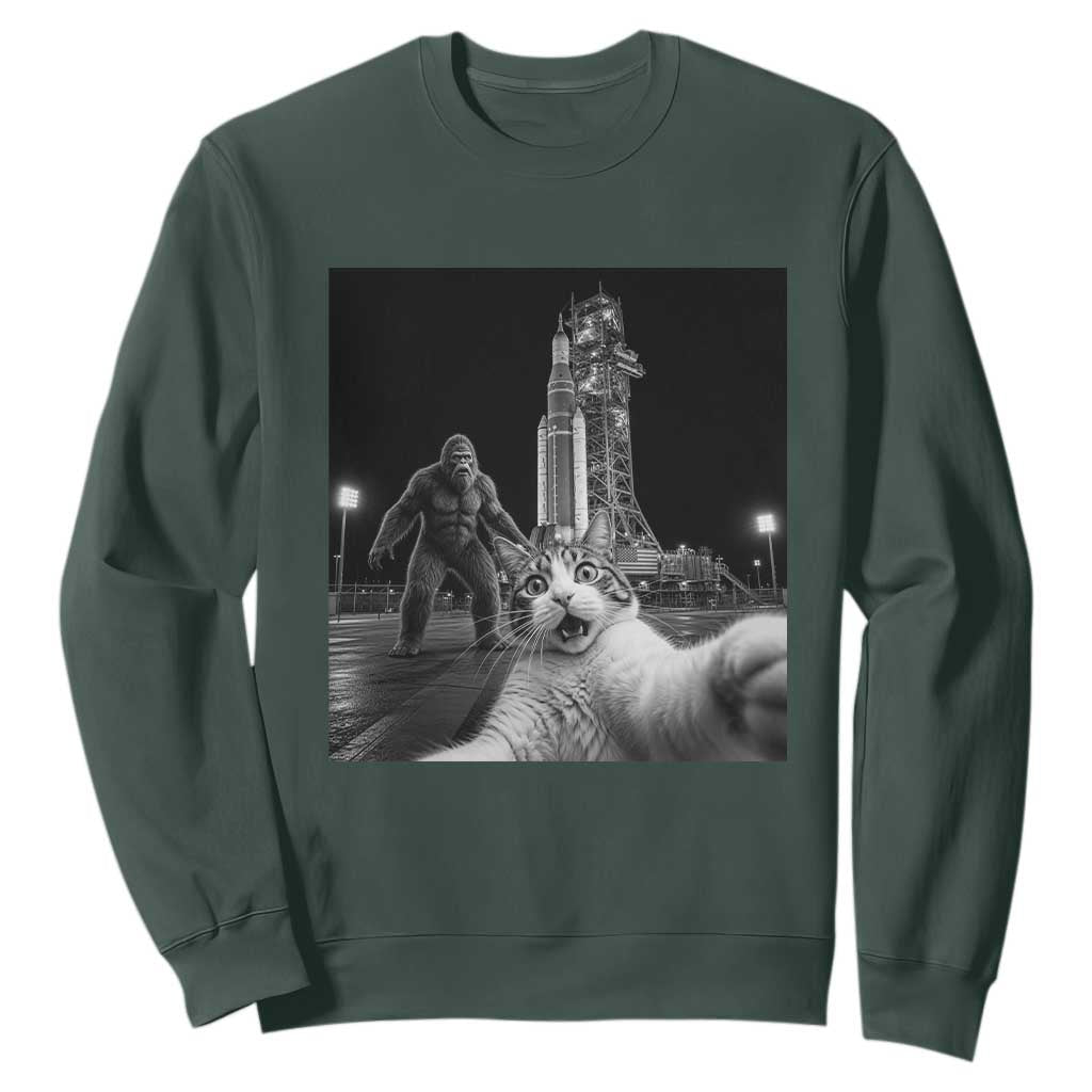 Funny Cat Selfie with Bigfoot Sweatshirt Back To The Moon Mission 2026 TS14 Dark Forest Green Print Your Wear