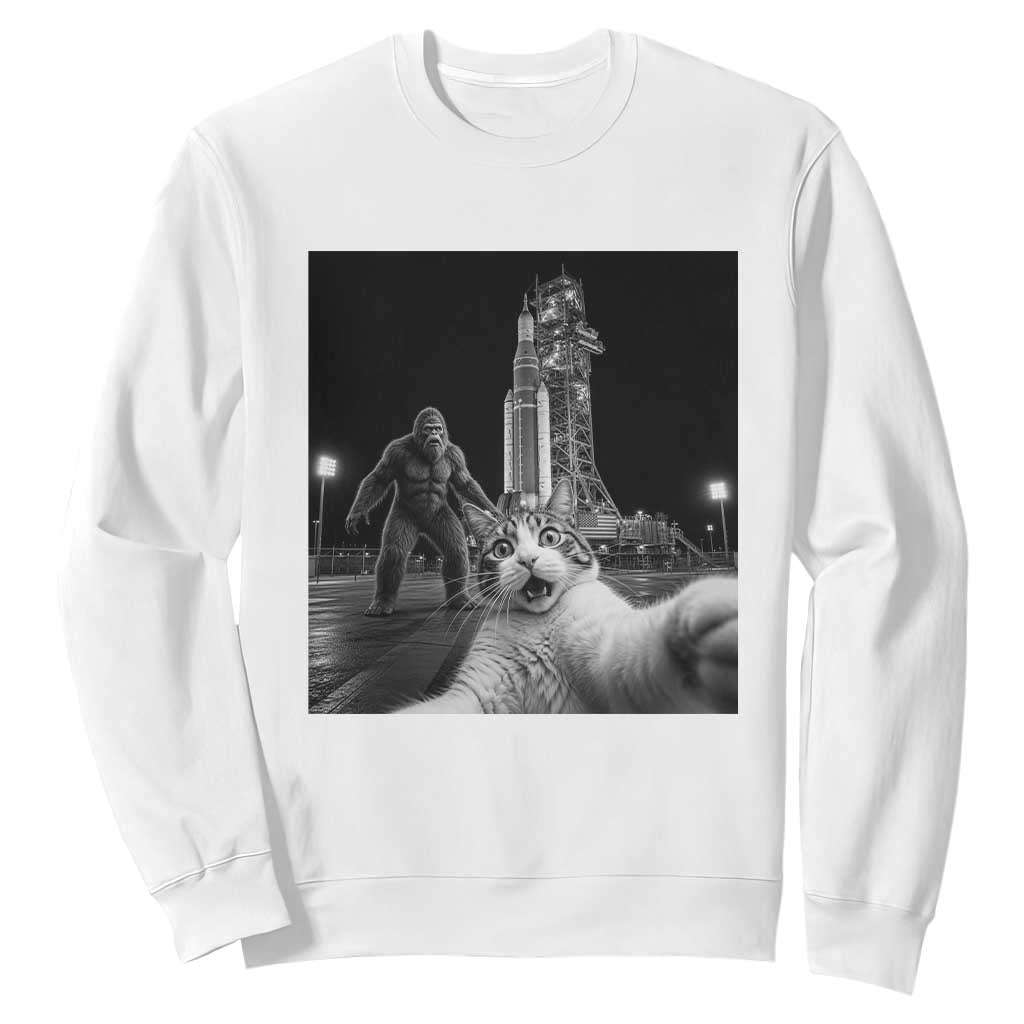 Funny Cat Selfie with Bigfoot Sweatshirt Back To The Moon Mission 2026 TS14 White Print Your Wear