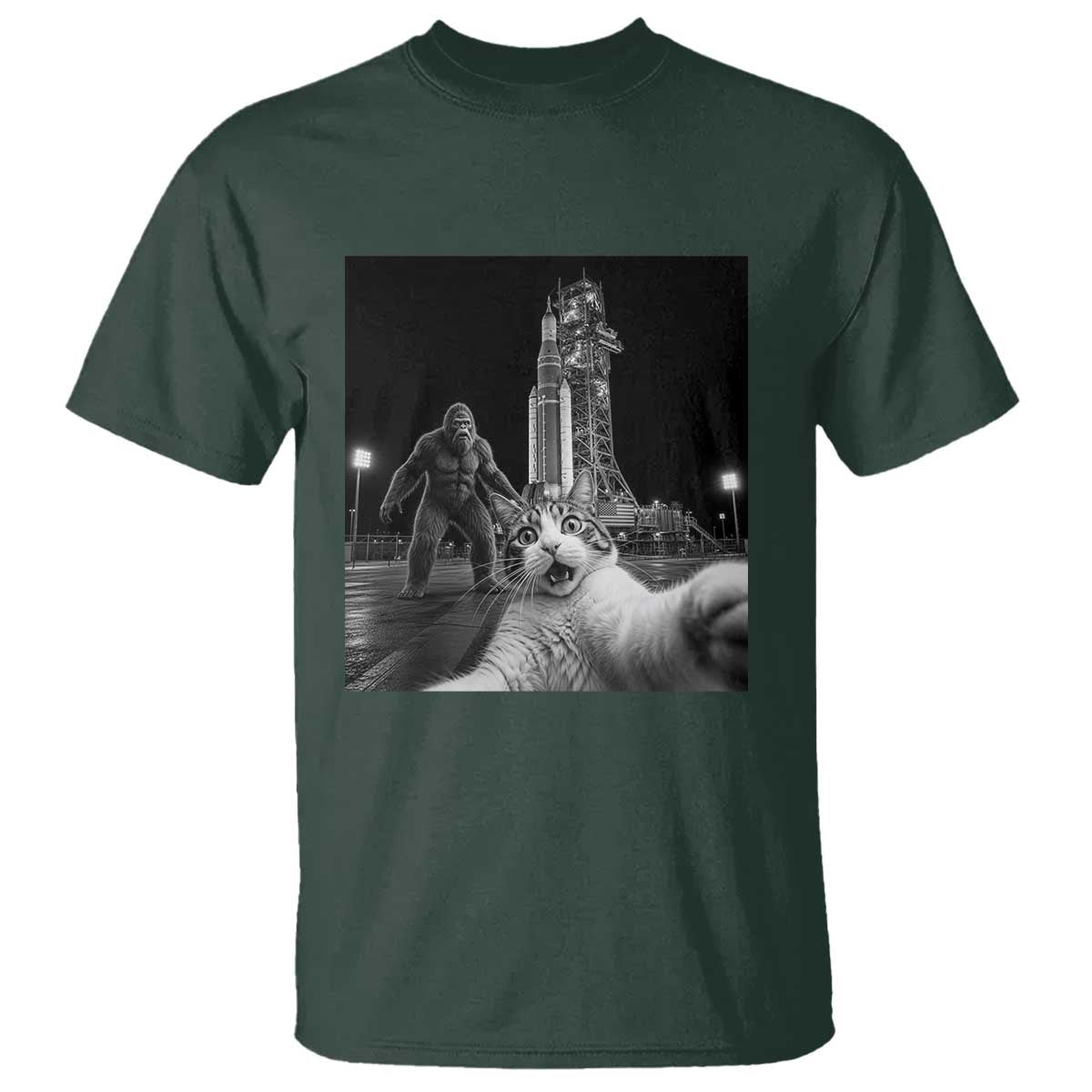 Funny Cat Selfie with Bigfoot T Shirt Back To The Moon Mission 2026 TS14 Dark Forest Green Print Your Wear