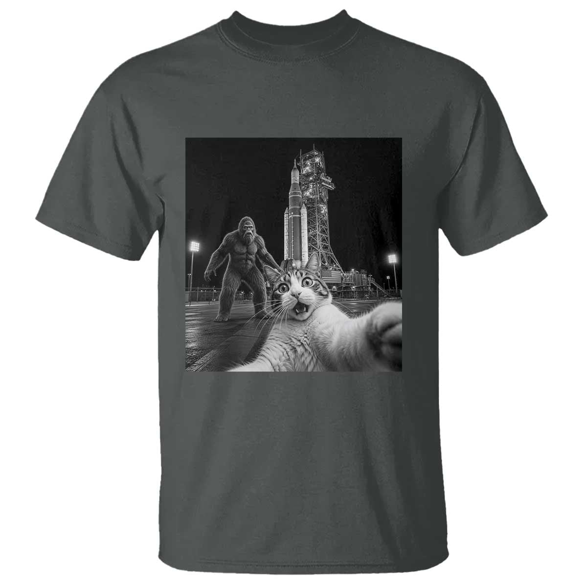 Funny Cat Selfie with Bigfoot T Shirt Back To The Moon Mission 2026 TS14 Dark Heather Print Your Wear