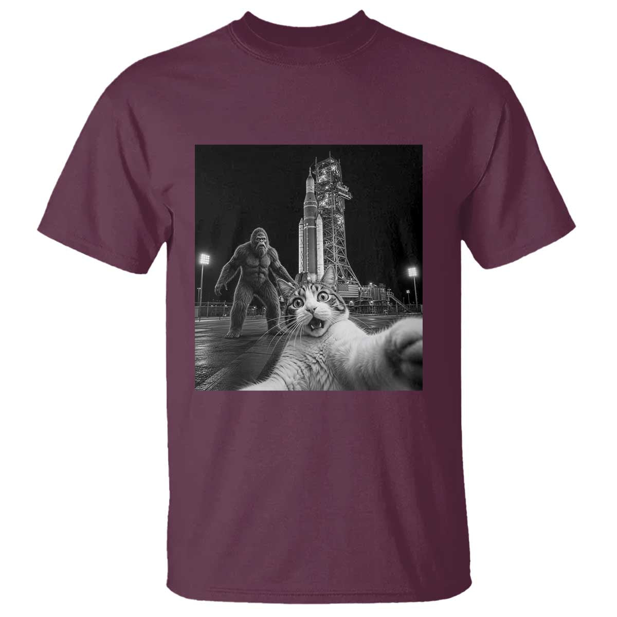 Funny Cat Selfie with Bigfoot T Shirt Back To The Moon Mission 2026 TS14 Maroon Print Your Wear