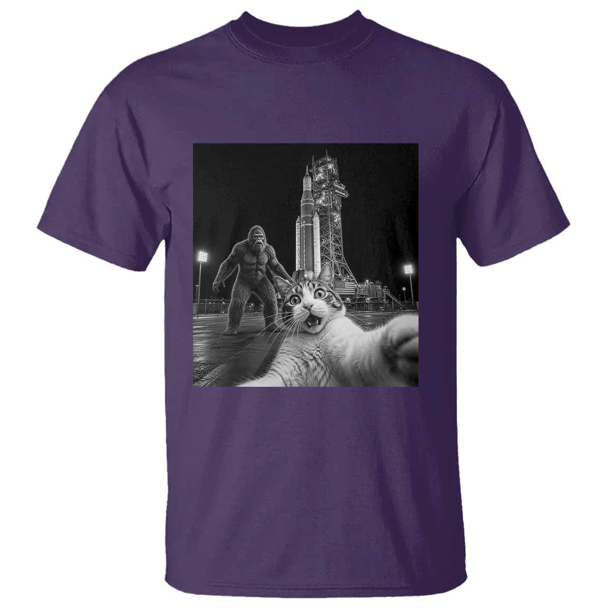 Funny Cat Selfie with Bigfoot T Shirt Back To The Moon Mission 2026 TS14 Purple Print Your Wear