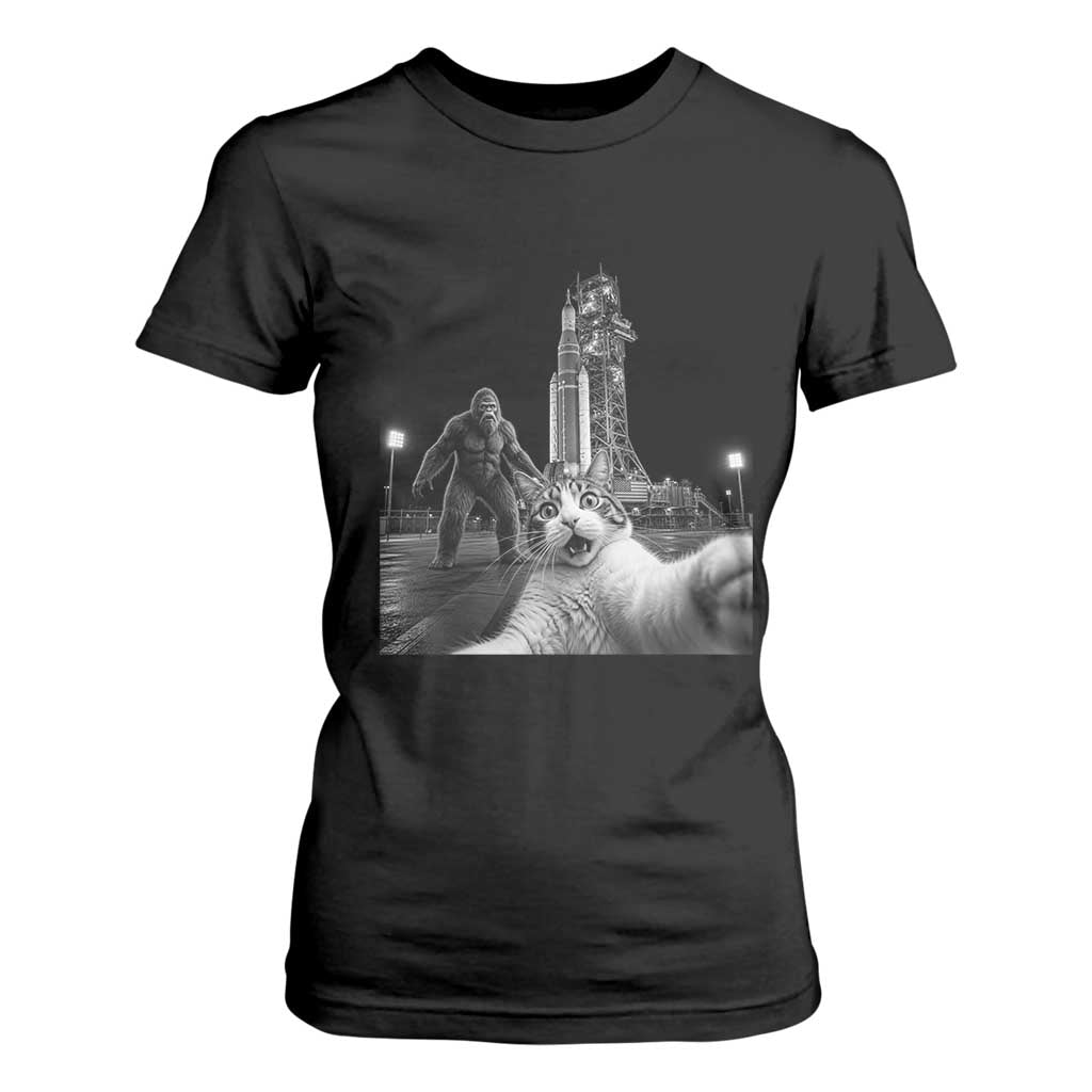 Funny Cat Selfie with Bigfoot T Shirt For Women Back To The Moon Mission 2026 TS14 Black Print Your Wear