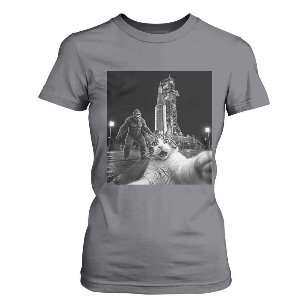Funny Cat Selfie with Bigfoot T Shirt For Women Back To The Moon Mission 2026 TS14 Charcoal Print Your Wear
