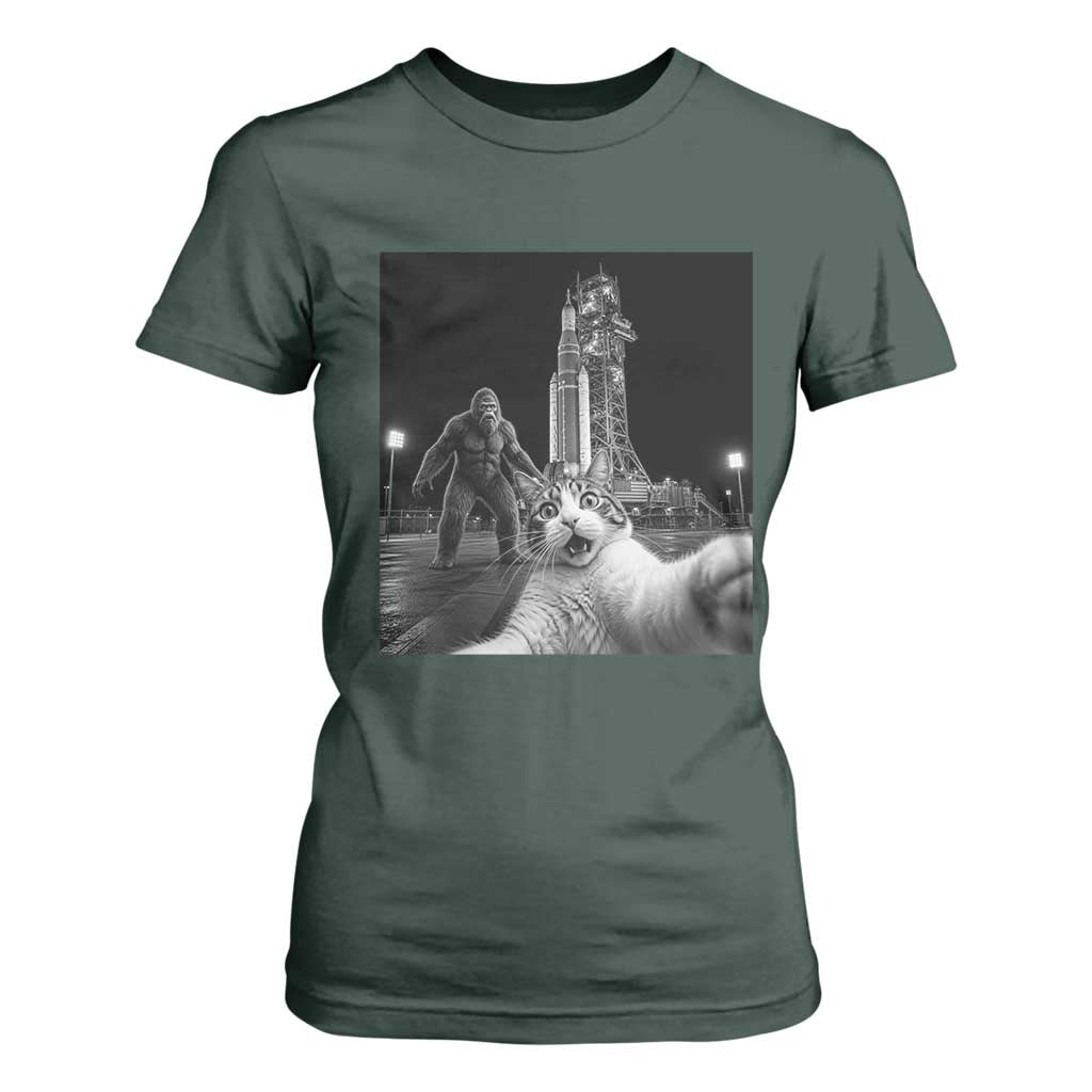 Funny Cat Selfie with Bigfoot T Shirt For Women Back To The Moon Mission 2026 TS14 Dark Forest Green Print Your Wear