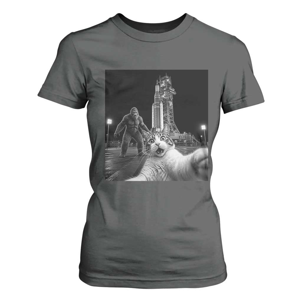 Funny Cat Selfie with Bigfoot T Shirt For Women Back To The Moon Mission 2026 TS14 Dark Heather Print Your Wear