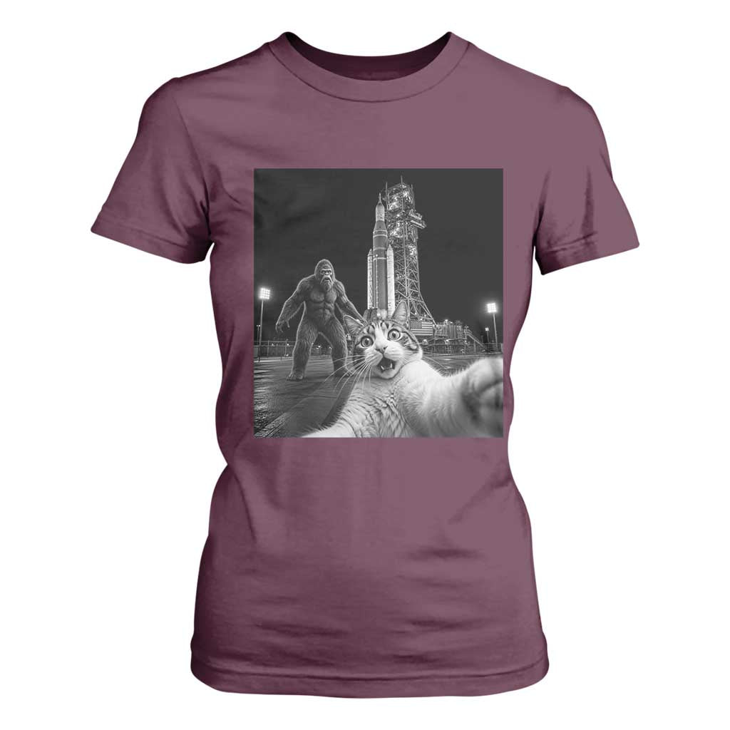 Funny Cat Selfie with Bigfoot T Shirt For Women Back To The Moon Mission 2026 TS14 Maroon Print Your Wear