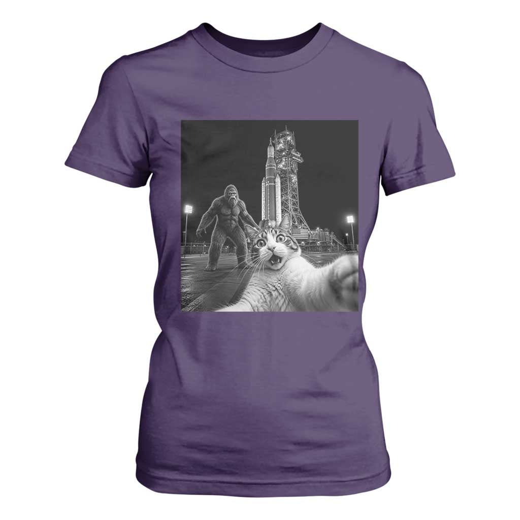 Funny Cat Selfie with Bigfoot T Shirt For Women Back To The Moon Mission 2026 TS14 Purple Print Your Wear