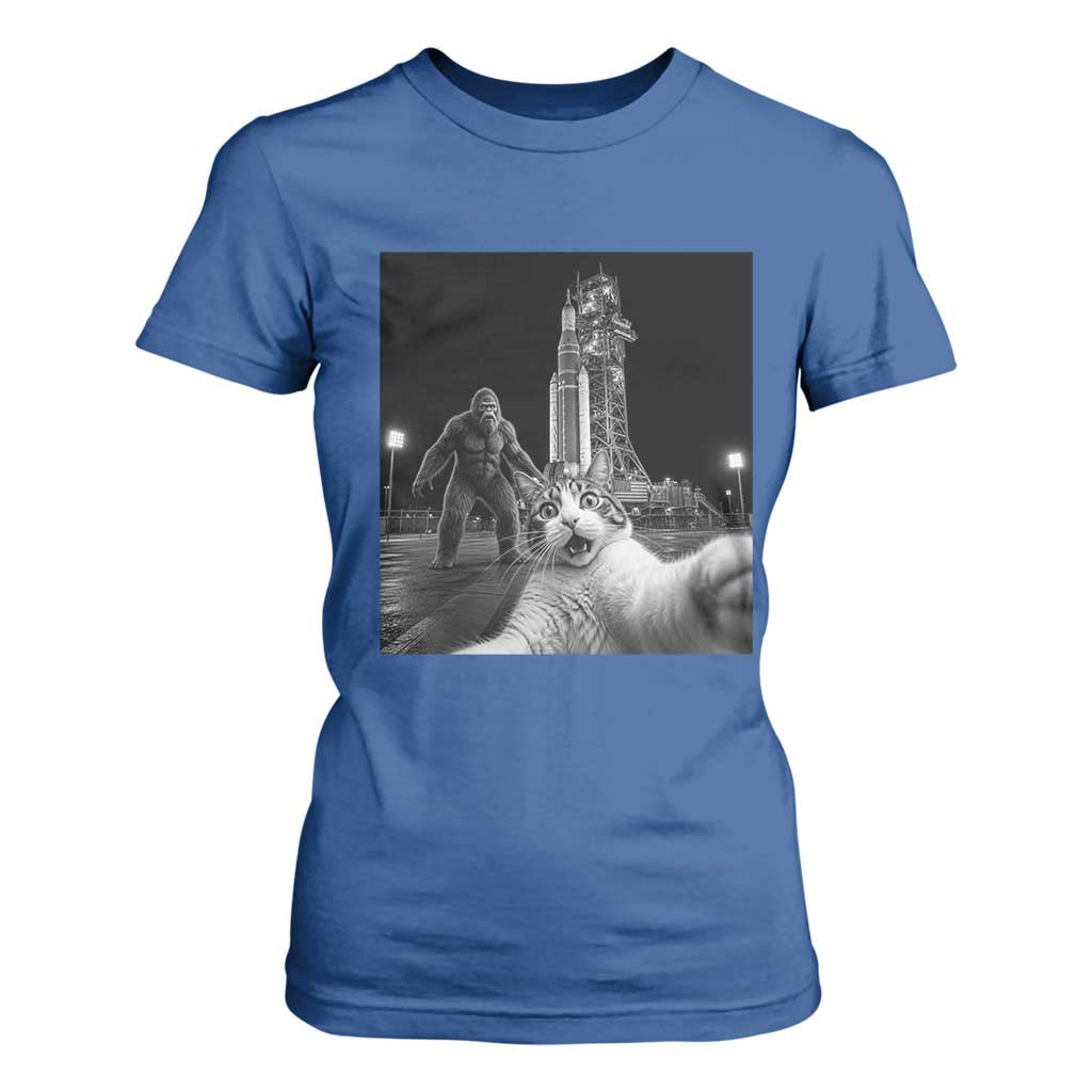 Funny Cat Selfie with Bigfoot T Shirt For Women Back To The Moon Mission 2026 TS14 Royal Blue Print Your Wear