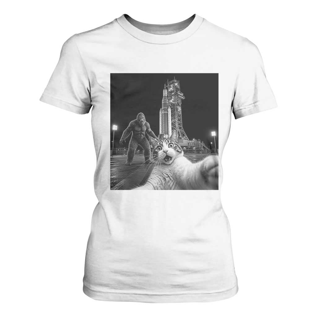 Funny Cat Selfie with Bigfoot T Shirt For Women Back To The Moon Mission 2026 TS14 White Print Your Wear