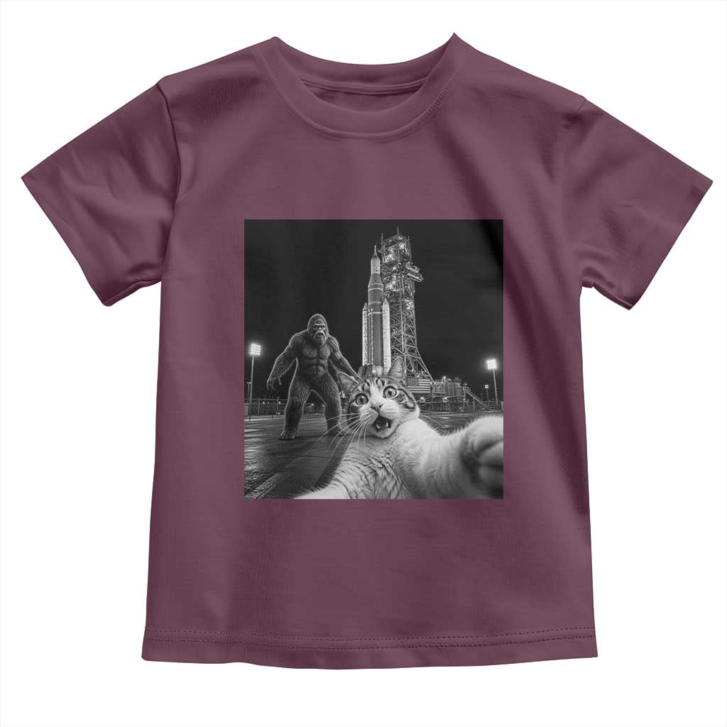 Funny Cat Selfie with Bigfoot Toddler T Shirt Back To The Moon Mission 2026 TS14 Maroon Print Your Wear