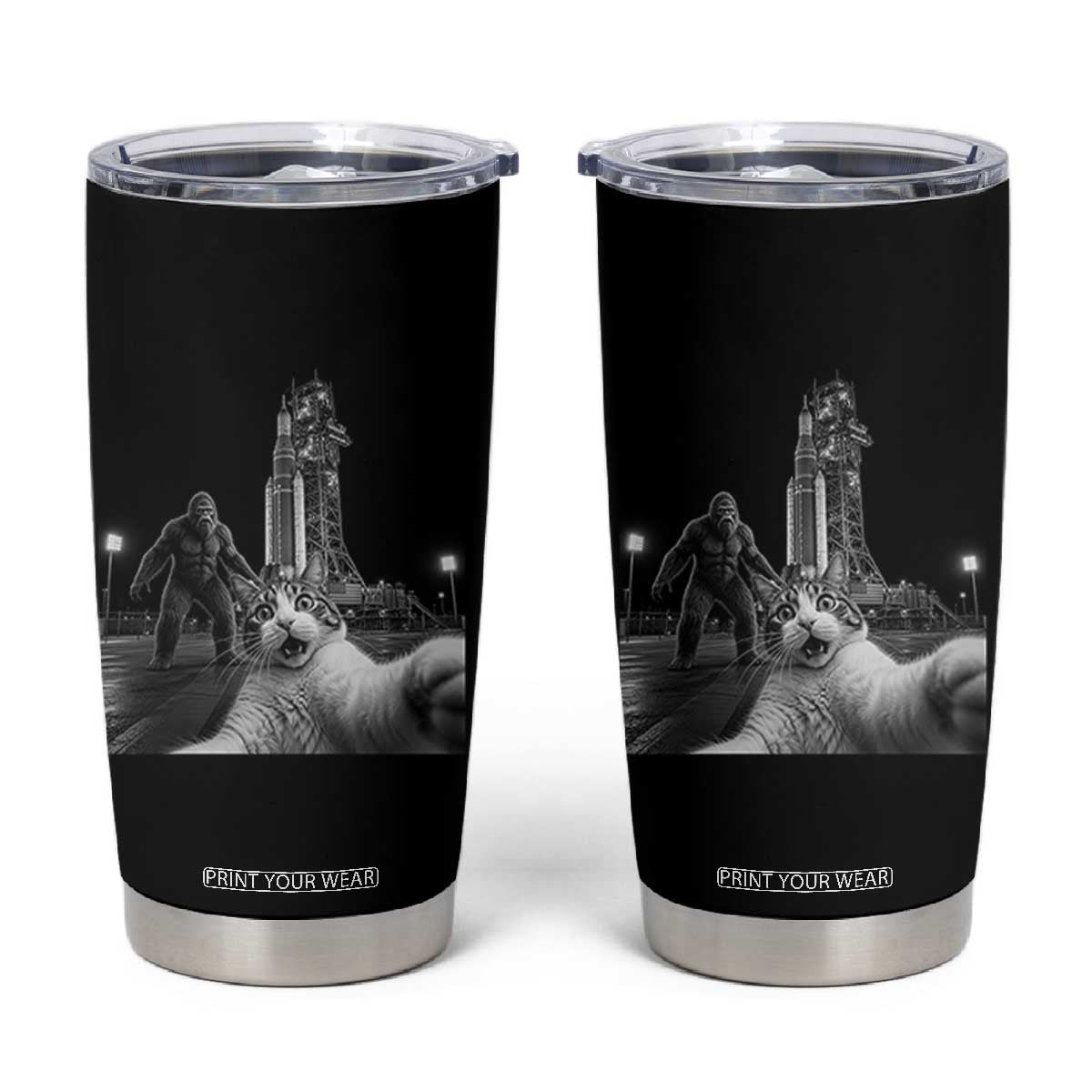 Funny Cat Selfie with Bigfoot Tumbler Cup Back To The Moon Mission 2026 TS14 Black Print Your Wear