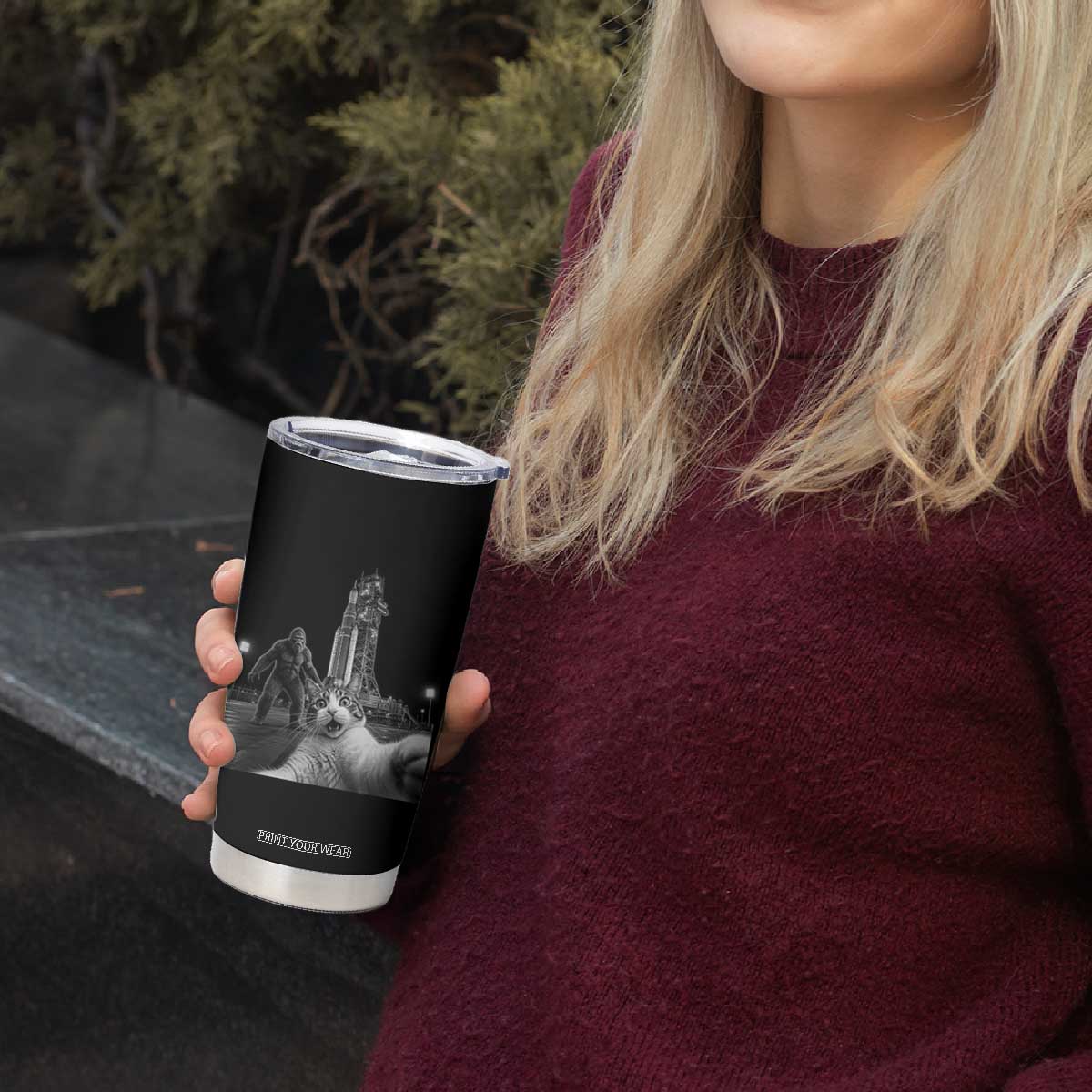 Funny Cat Selfie with Bigfoot Tumbler Cup Back To The Moon Mission 2026 TS14 Print Your Wear