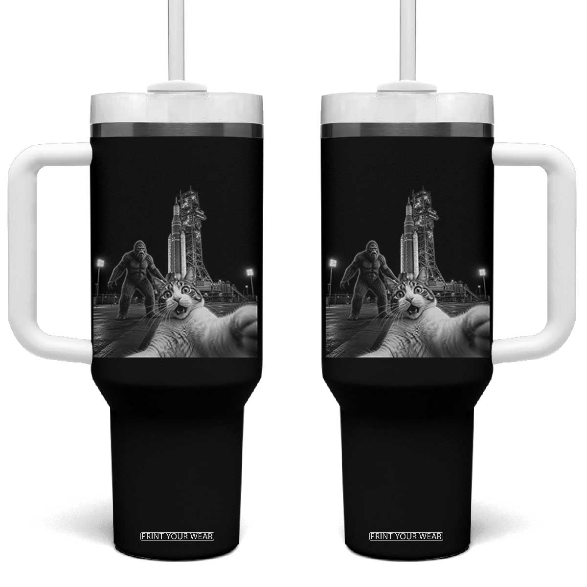 Funny Cat Selfie with Bigfoot Tumbler With Handle Back To The Moon Mission 2026 TS14 One Size: 40 oz Black Print Your Wear