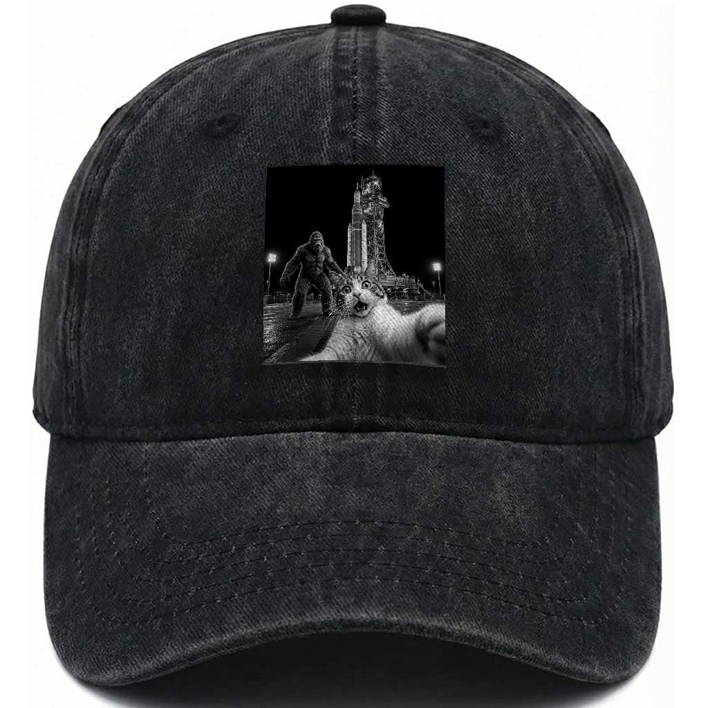 Funny Cat Selfie with Bigfoot Washed Cotton Baseball Cap Back To The Moon Mission 2026 TS14 Print Your Wear
