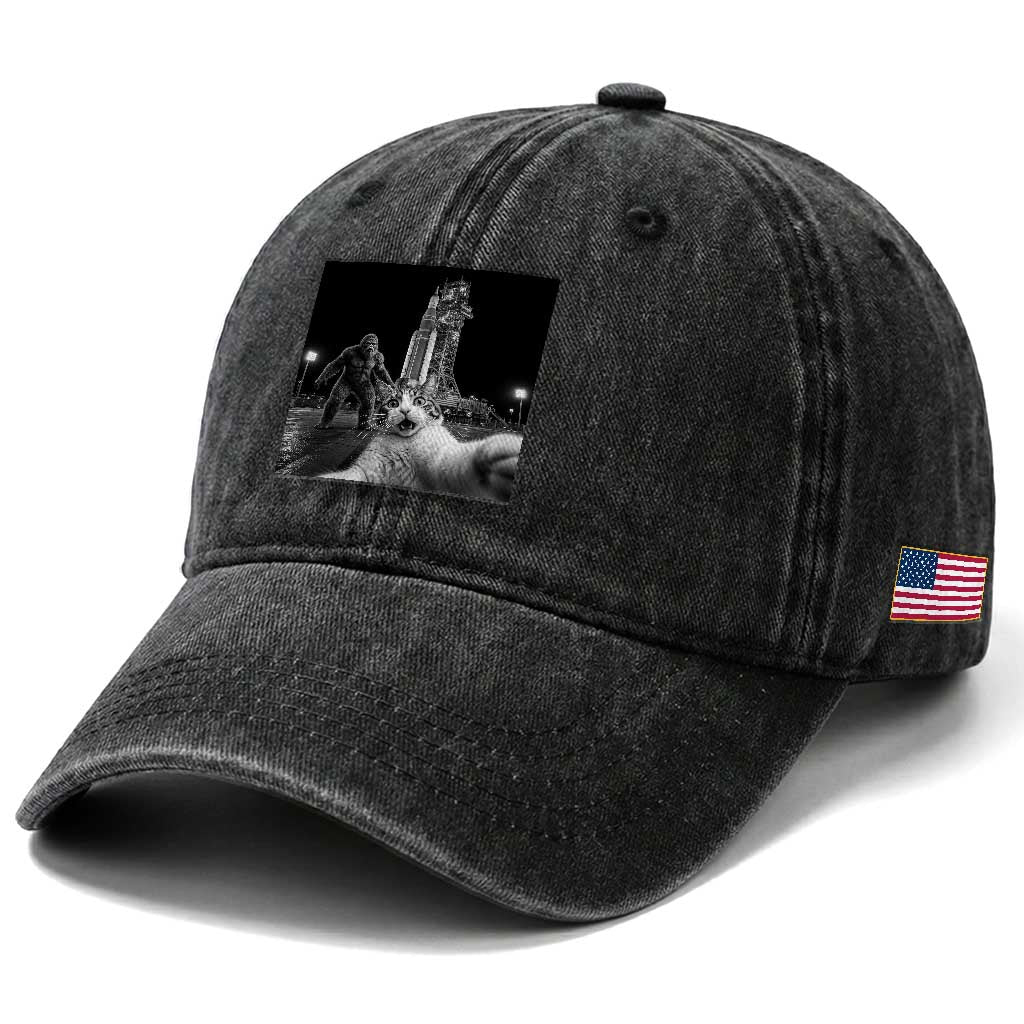 Funny Cat Selfie with Bigfoot Washed Cotton Baseball Cap Back To The Moon Mission 2026 TS14 Print Your Wear
