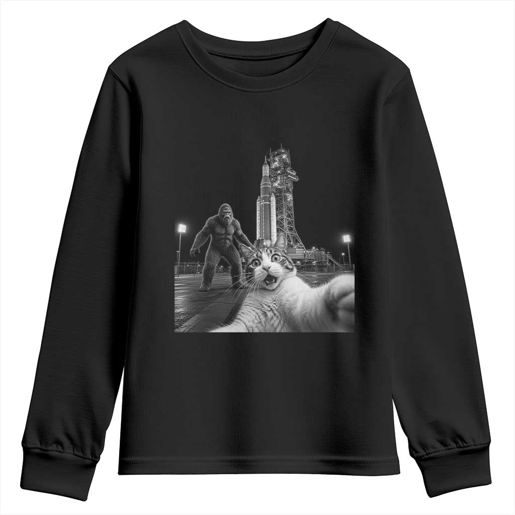 Funny Cat Selfie with Bigfoot Youth Sweatshirt Back To The Moon Mission 2026 TS14 Black Print Your Wear