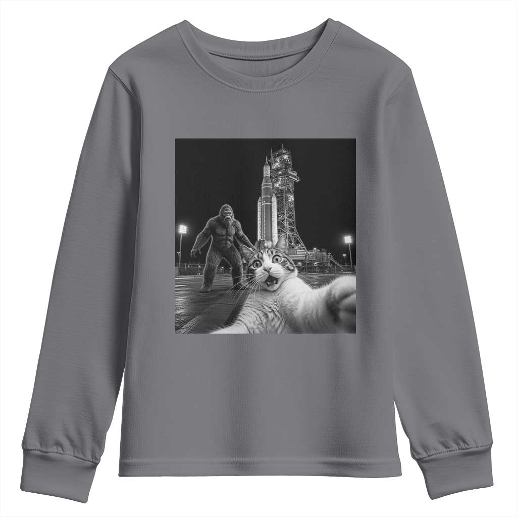 Funny Cat Selfie with Bigfoot Youth Sweatshirt Back To The Moon Mission 2026 TS14 Charcoal Print Your Wear