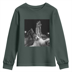 Funny Cat Selfie with Bigfoot Youth Sweatshirt Back To The Moon Mission 2026 TS14 Dark Forest Green Print Your Wear
