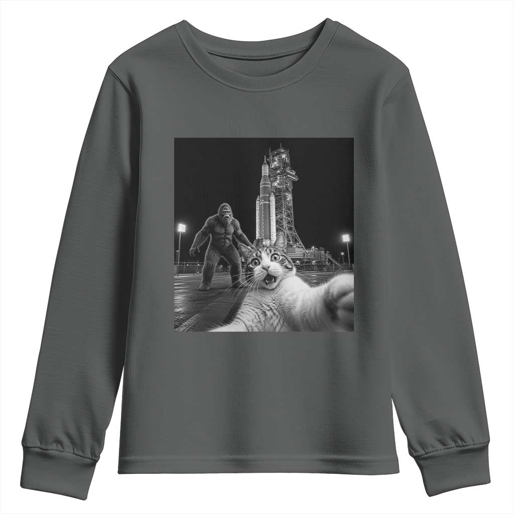 Funny Cat Selfie with Bigfoot Youth Sweatshirt Back To The Moon Mission 2026 TS14 Dark Heather Print Your Wear