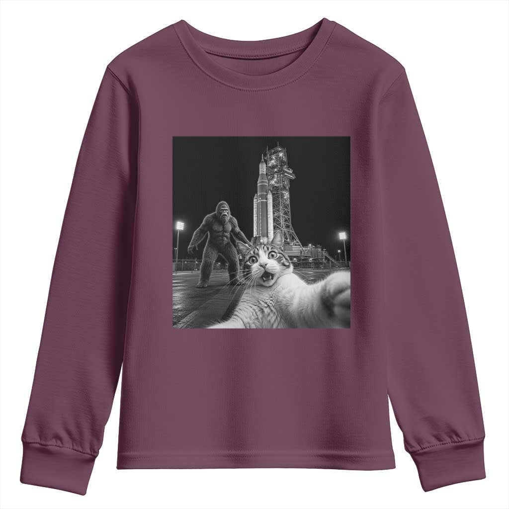 Funny Cat Selfie with Bigfoot Youth Sweatshirt Back To The Moon Mission 2026 TS14 Maroon Print Your Wear
