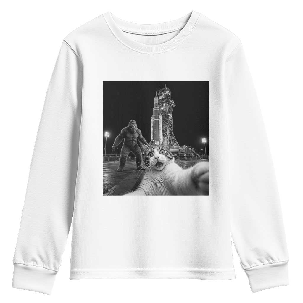 Funny Cat Selfie with Bigfoot Youth Sweatshirt Back To The Moon Mission 2026 TS14 White Print Your Wear