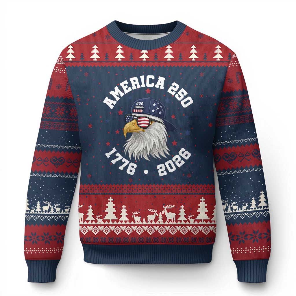250 Years American Anniversary Ugly Christmas Sweater Patriotic Bald Eagle Fourth of July TS14 Navy Red Print Your Wear