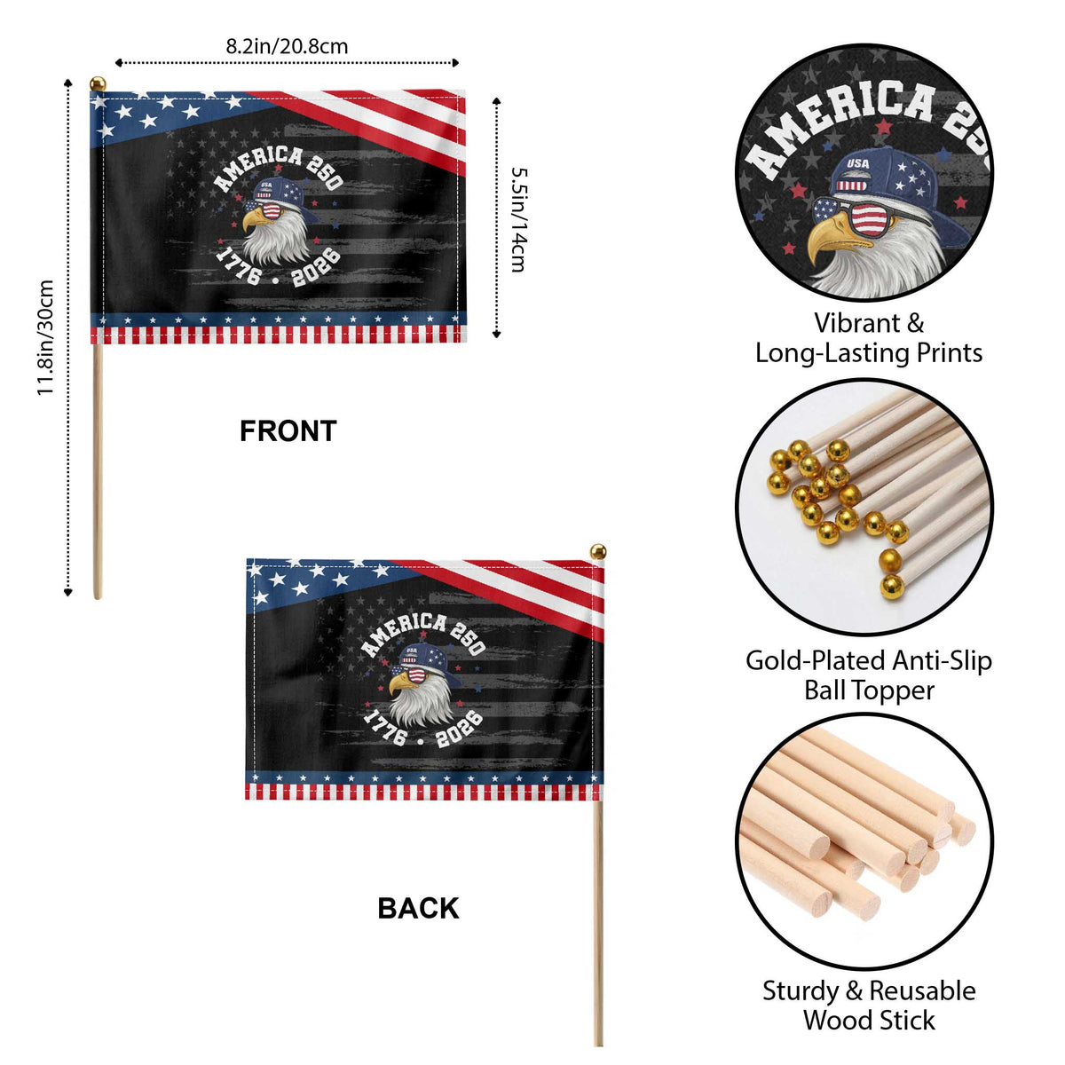 250 Years American Anniversary Patriotic Handheld Flag Bald Eagle American Flag Fourth of July