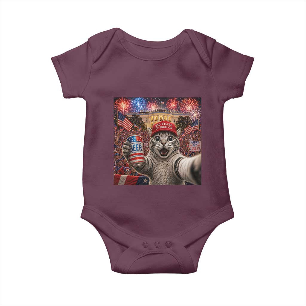 250 Years Of Freedom Baby Onesie Funny Cat Selfie 4th of July Party TS14 Maroon Print Your Wear
