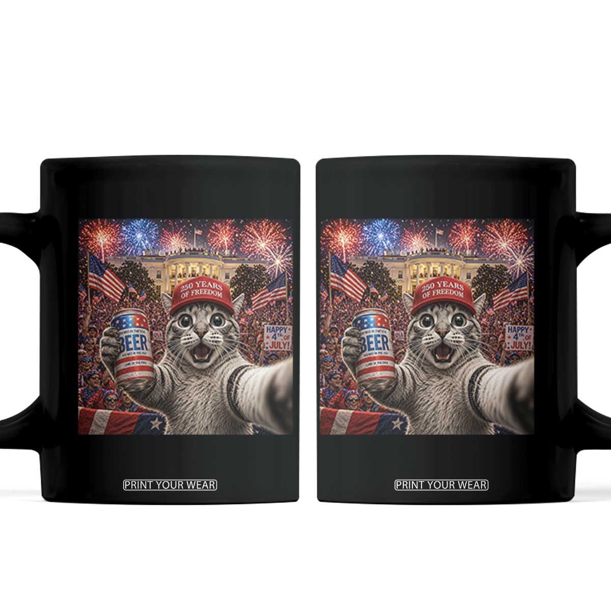 250 Years Of Freedom Coffee Mug Funny Cat Selfie 4th of July Party TS14 Black Print Your Wear