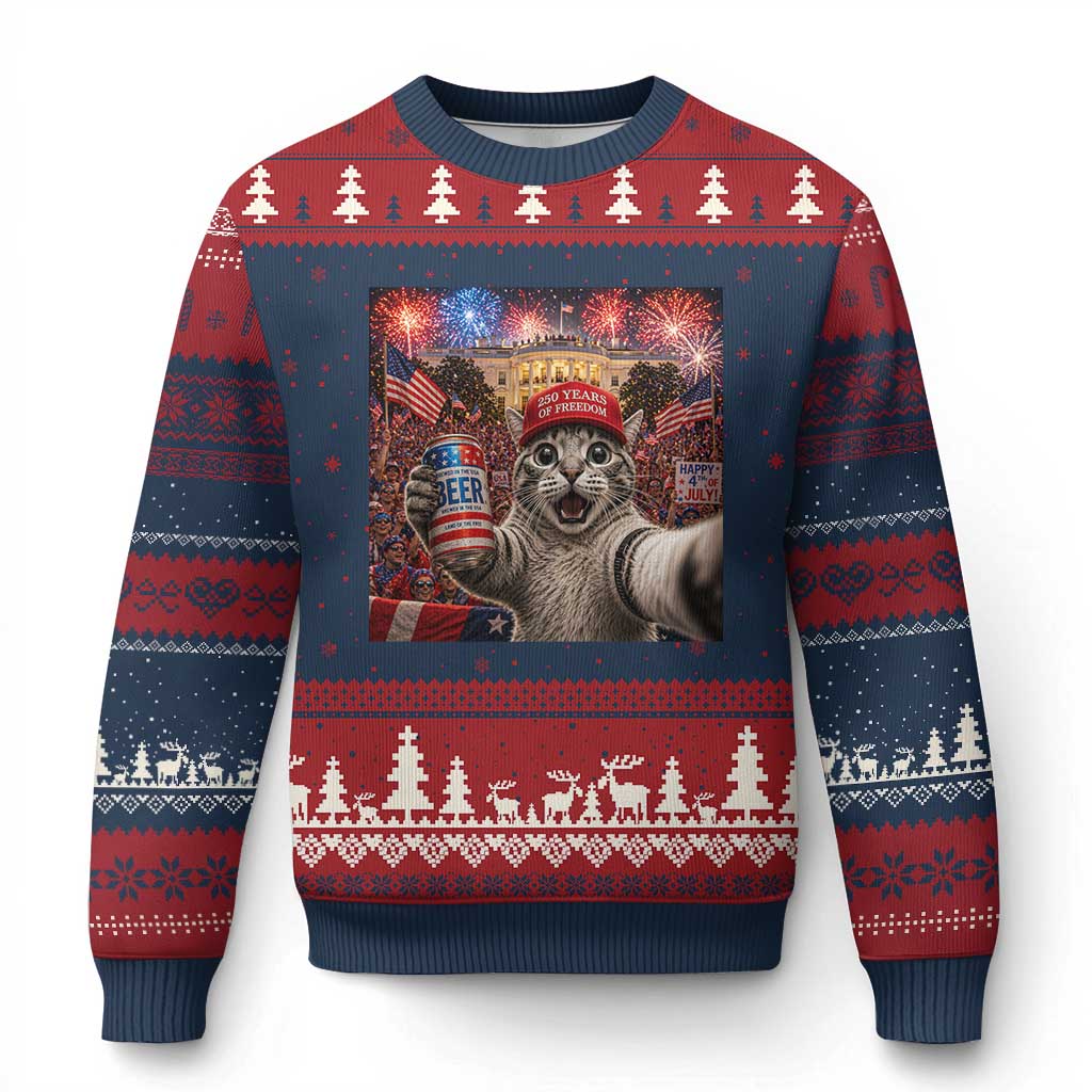 250 Years Of Freedom Ugly Christmas Sweater Funny Cat Selfie 4th of July Party TS14 Navy Red Print Your Wear